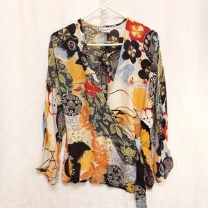 CHICO'S Sz 3 or Sz XL SILK Wrap Floral Boho Print V Neck Blouse Excellent Cond!